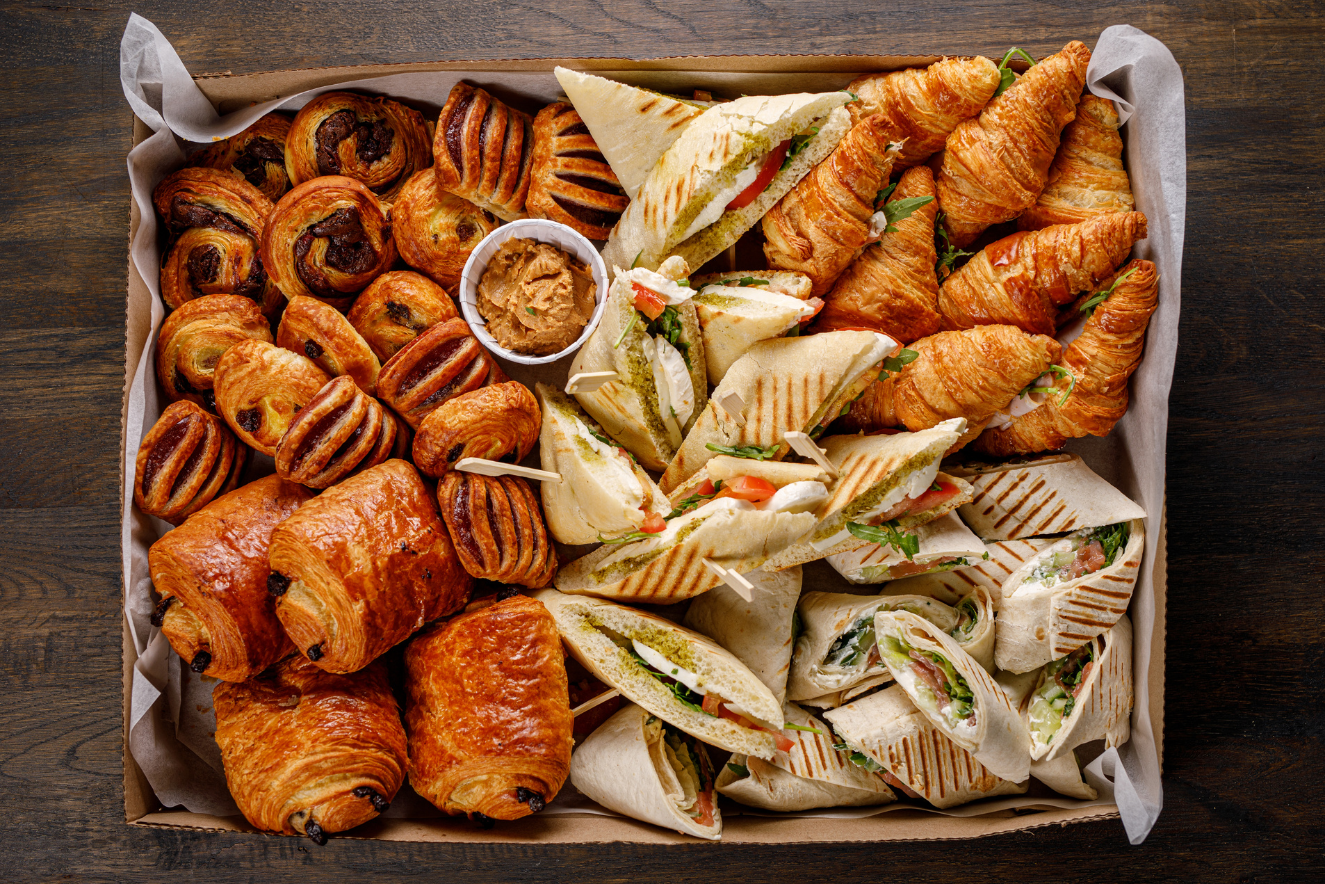 Sandwiches at catering snacks box.